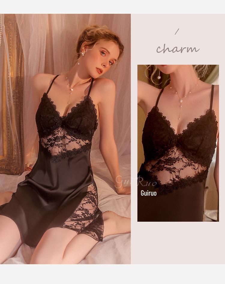 Satin Backless Lace Nightgown with Padded Deep V & Tie-Waist Robe Set