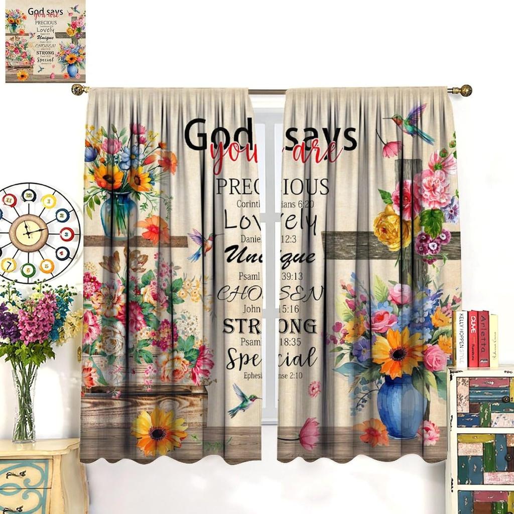 Birds Bible Verse Kitchen Curtains, Christian Rustic Flower Cross Scripture Quote Hummingbird Window Drapes For Bedroom