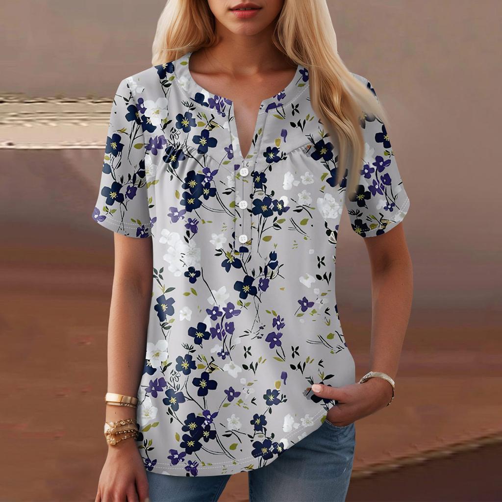 Damen-T-Shirt mit lässigem Blumendruck, V-Ausschnitt, kurzen Ärmeln und dekorativen Knöpfen