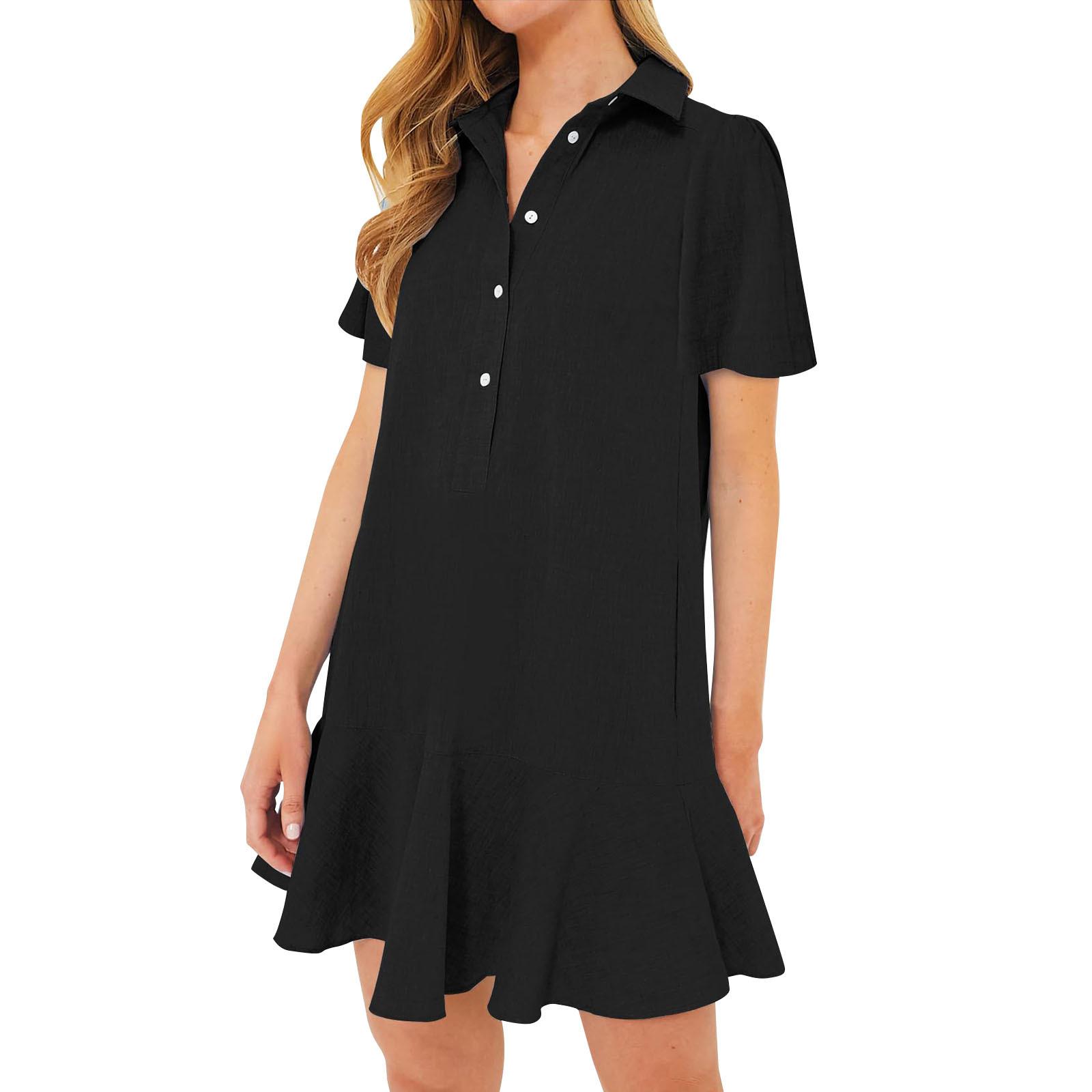 

Women s Short Sleeve Polo Collar Dress with Ruffled Hem, Casual Cotton Blend Dress in Multiple Colors S чёрный