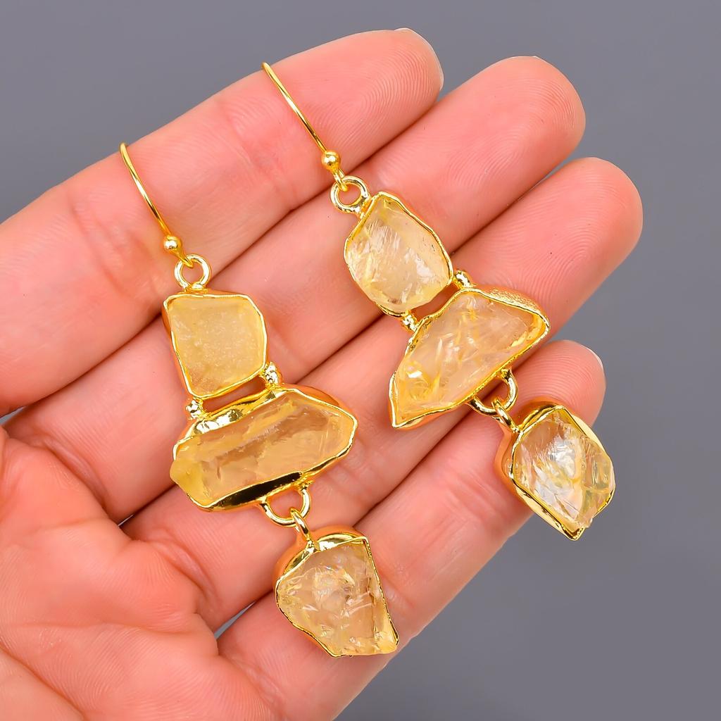 Citrine Gemstone Gold Plated Elegant Electroformed Dangle Drop Earrings Jewelry V-116