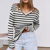 Women's Striped Color-blocked V-neck Pullover Long-sleeved Knit Top