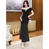 Summer New Mesh Pleated Meat Cover Thin Banquet Style Hip Skirt Pure Slim-fitting High-waisted V-neck Dress