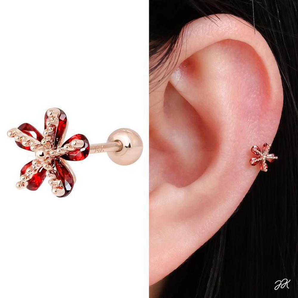 14K Gold Needle Rose Gold Red Flower Layered Piercing (S8538878)