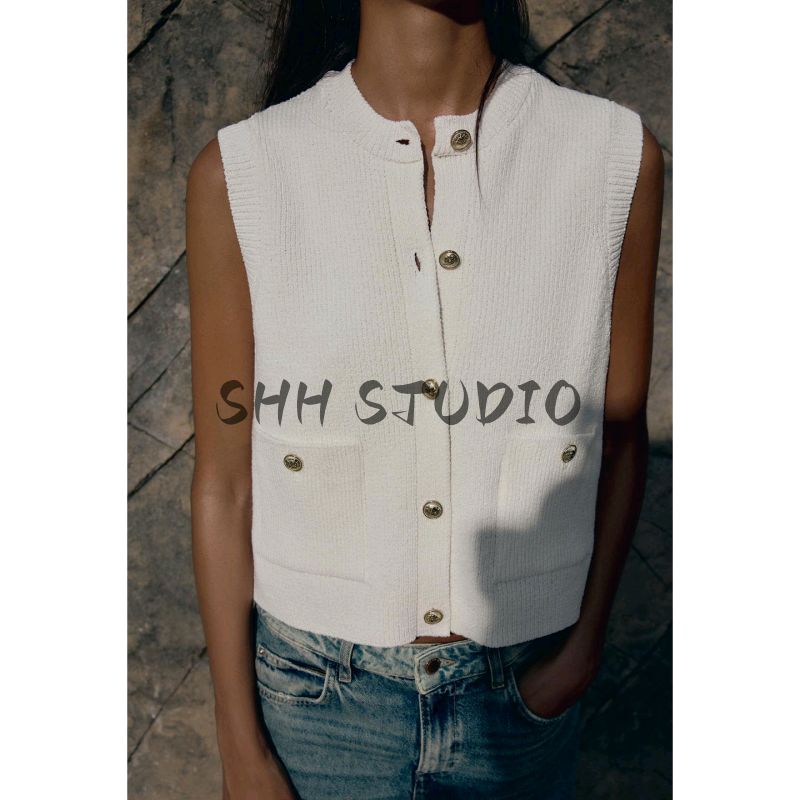Fall New Women's Clothing French Casual Style Patch Pocket Non-Decorative Round Neck Sleeveless Knitting Vest 6771059