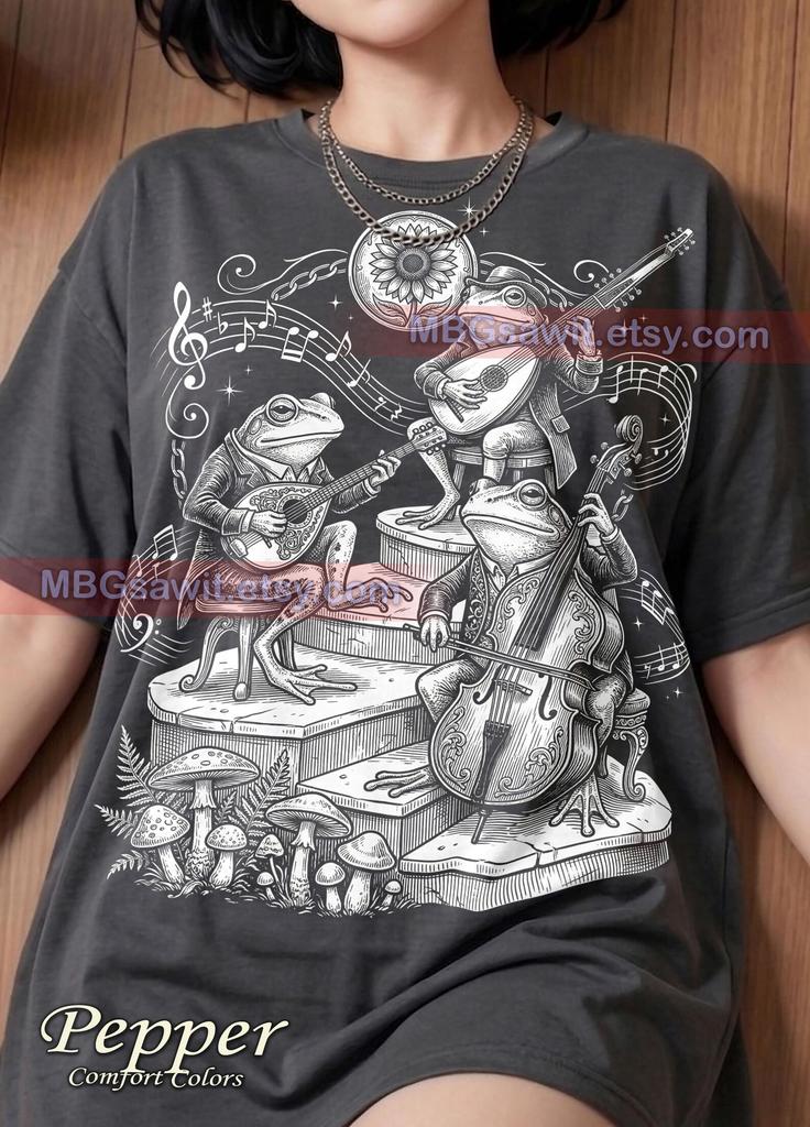 Frog Band Amphibian Musician Comfort Colors® Tshirt, Playing Cello Lute Mandolin Vintage Sketch Cottagecore Retro Graphic Tee