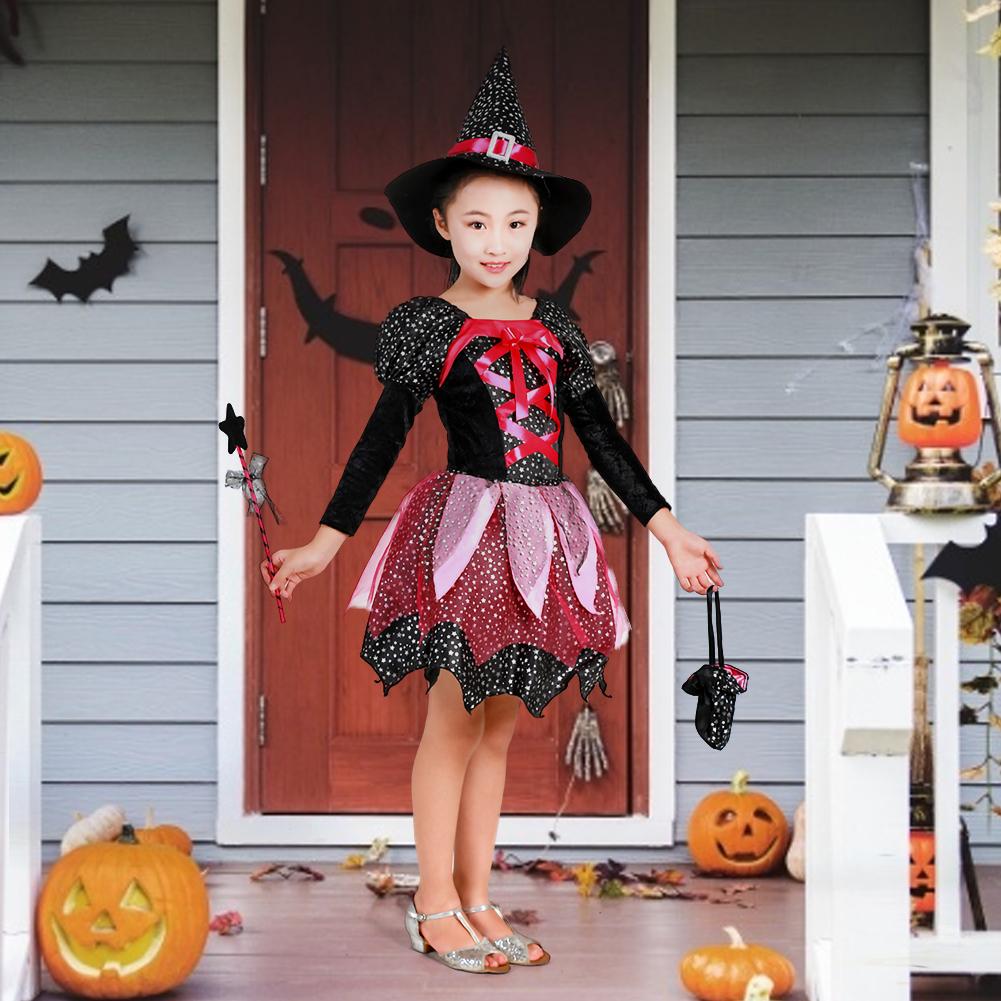 Kid Girls Halloween Witch Costume Sparkly Silver Stars Printed Carnival Cosplay Dress With Pointed Hat Wand Dress Up Clothes