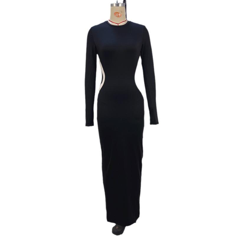 2024 Autumn/Winter Fashion: Women's Color-Block Slim Round Neck Long Sleeve Finger Set Dress