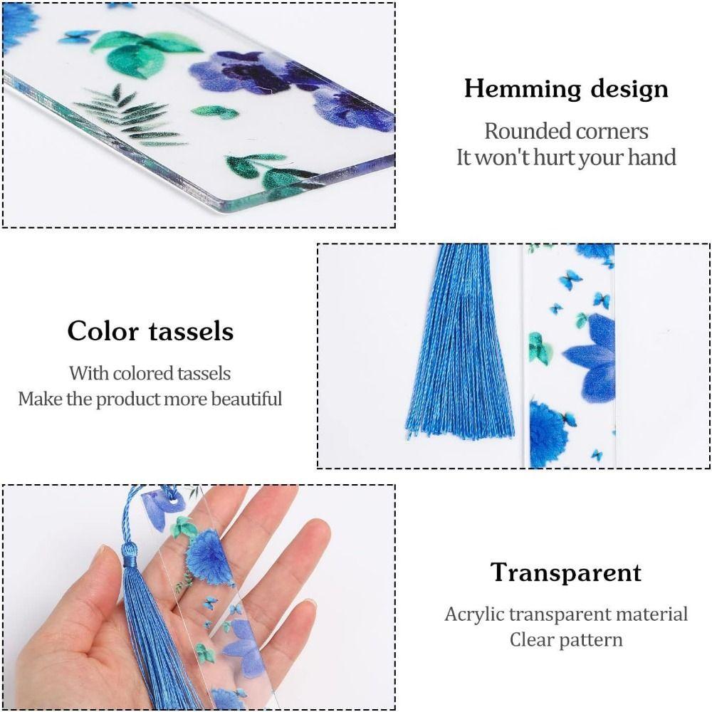 10Pcs/Set Transparent Floral Acrylic Bookmark With Tassels Reading Book Clip  Study/Library