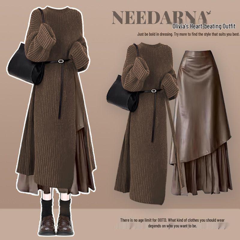 Damen Trendiges Strickkleid-Set Winter 2025: Schlankmachendes Langes Kleid & Zweiteiliges Ensemble