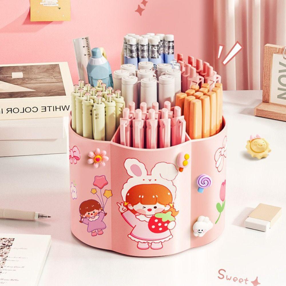 Plastic Pen Holder 360 Degrees Rotating Pencil Storage Box Stationery Pen Barrel  School Office
