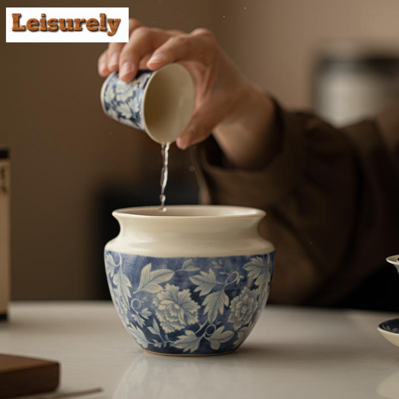 500ML Soda Glaze Yuan Blue and White Jianshui Tea Wash Tea Residue Bucket Tea Garbage Can Chaxi Cha Accessories Decoration