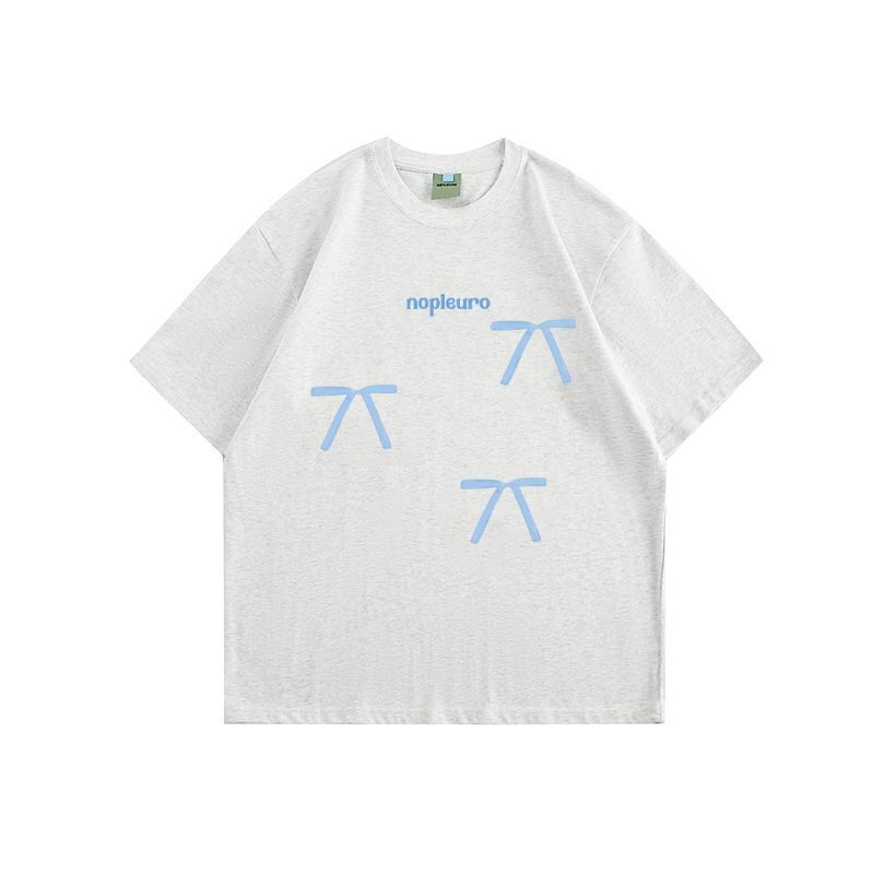 Aesthetic Vintage Short Sleeve T-shirt Women Summer Bow Elegant Loose Oversize Fashion Tops Female Grey Fashion Design Casual Pullover