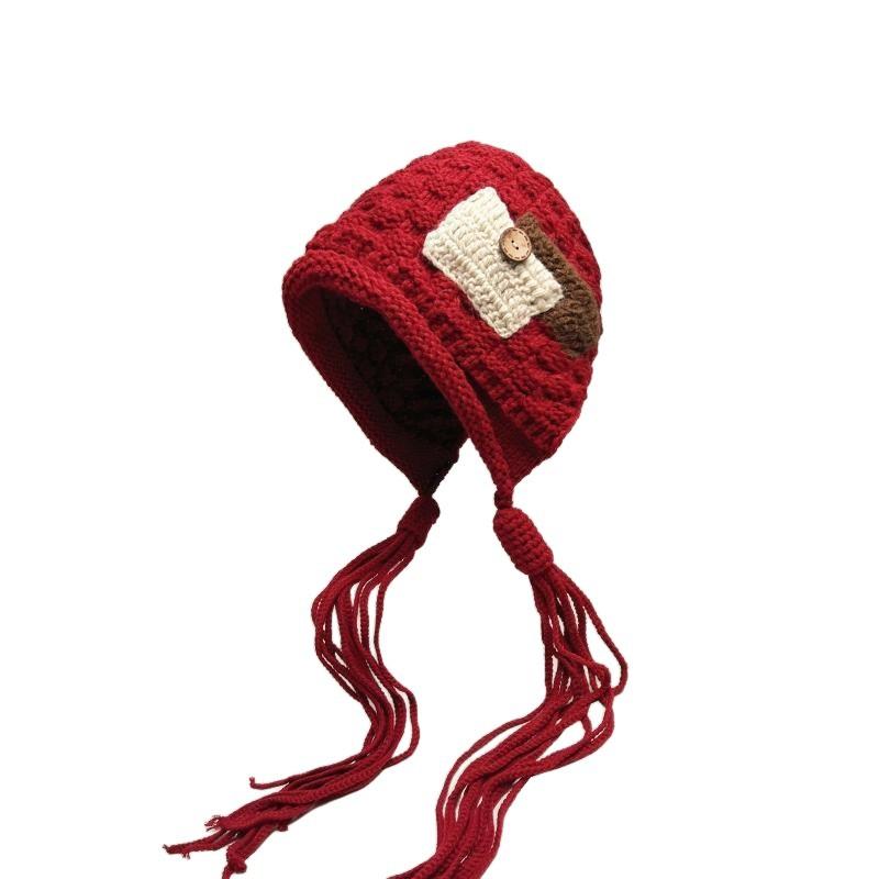Christmas Red Beanie For Women, Patchwork Fringe Knit Hat, Festive Slouchy Winter Cap As Xmas Gift