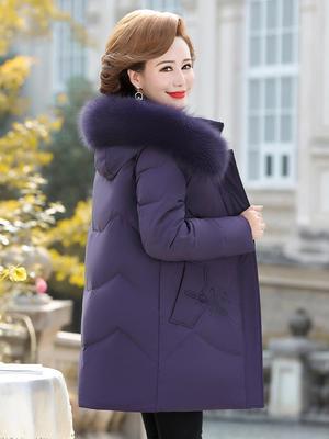 2025 Women's Mid-Length Thickened Down Jacket with Fur Collar - Plus Size, Over-the-Knee Winter Wear for Middle-Aged and Elderly Ladies
