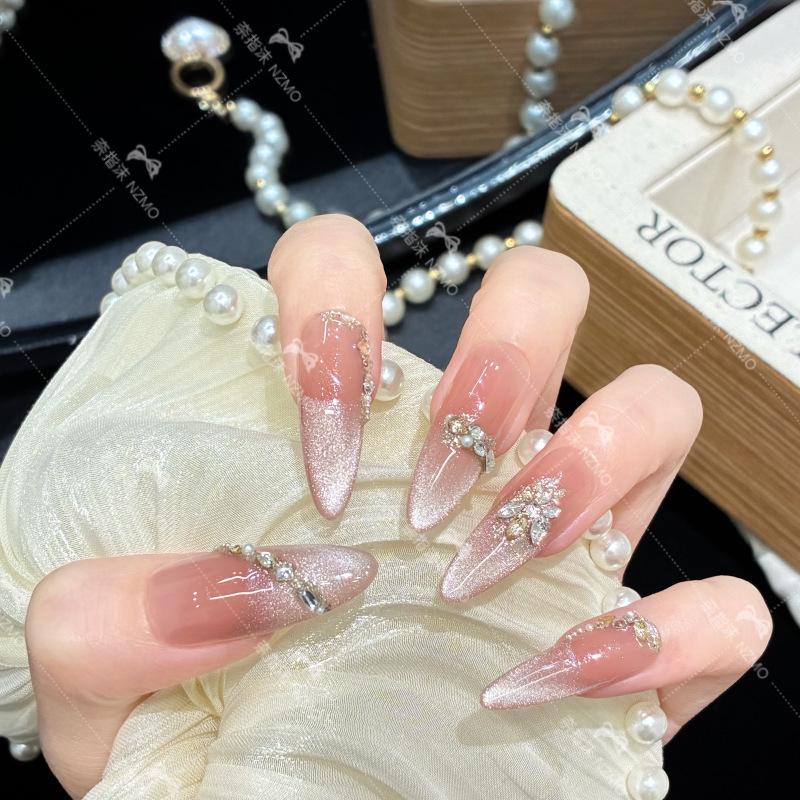 Autumn/Winter Rhinestone Patchwork Nude Cat Eye Handmade Wearable Nails S [Regular Size/80% Fit]