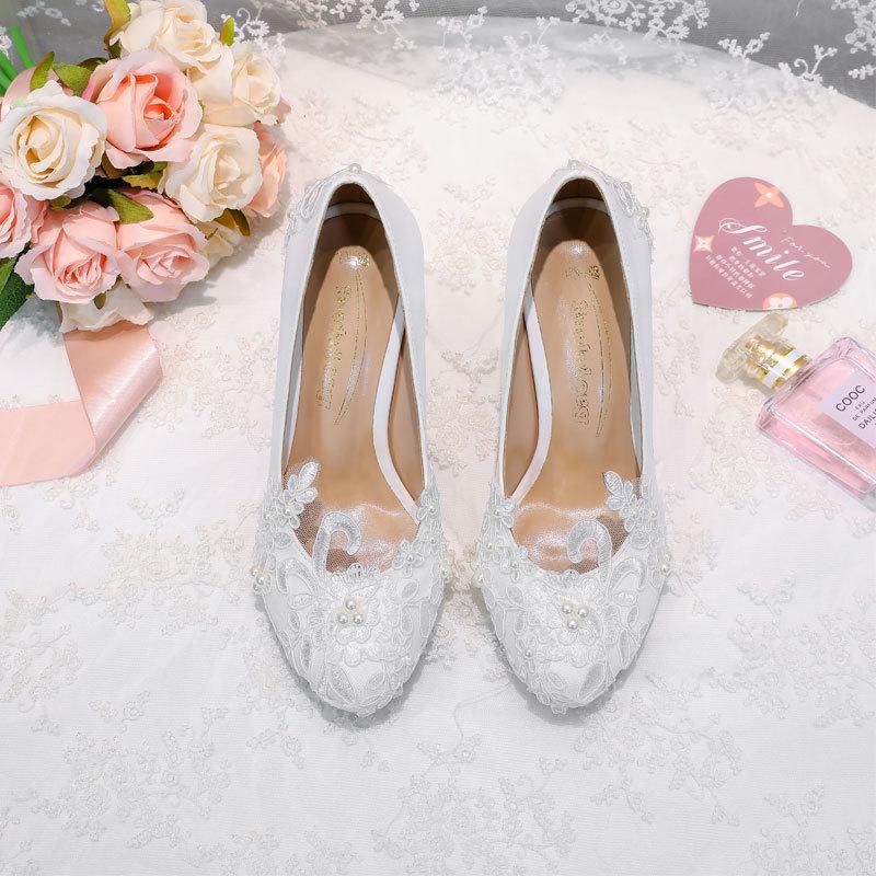 White round head high heels waterproof table stiletto pearl handmade lace flower women's single shoes wedding shoes 202543