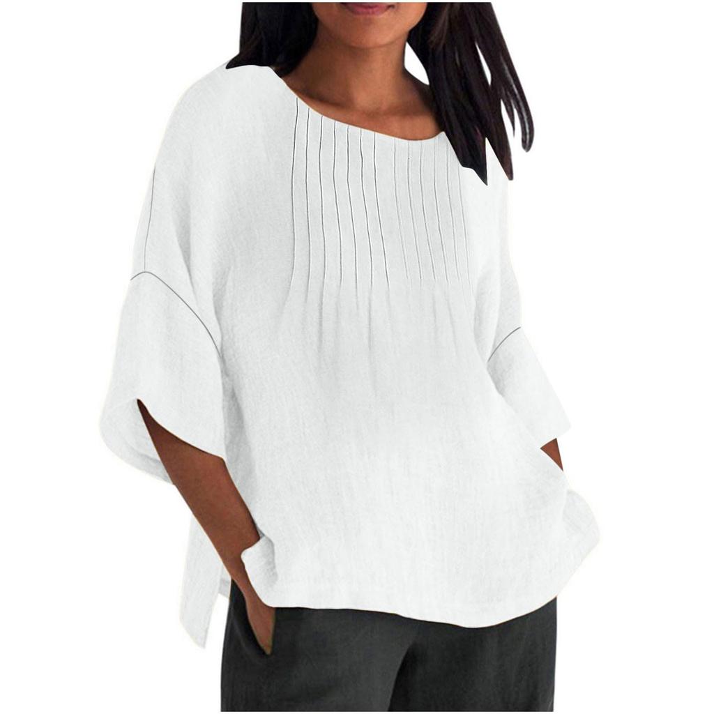 Seven Quarter Sleeve Pleated Round Neck Top Cotton and Linen Women’s Blouses & Shirts