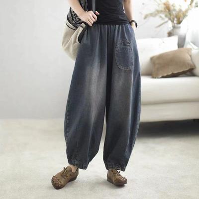 Autumn Literary Retro Wide Leg Pants Solid Color Belt Elastic Waist Embroidered Frayed Loose Denim Jeans