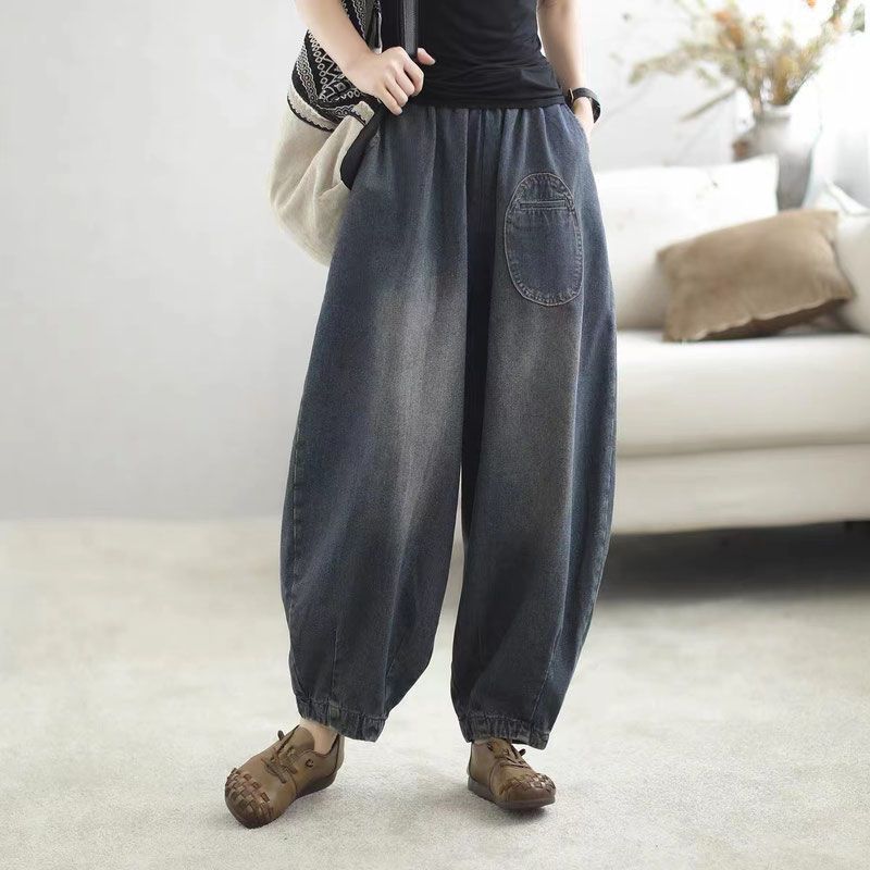 

Осенние литературные ретро широкие брюки однотонные с поясом эластичная талия вышитые потертые свободные джинсы 2XL джинсовый синий