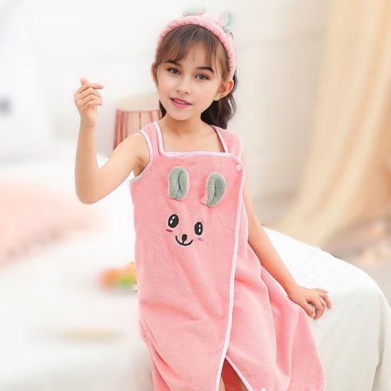 Kids Bath Skirt Rabbit Ear Absorbent Bath Towel Coral Velvet Dress Style Bath Wrap with Shoulder Straps for Beach Swimming Pool