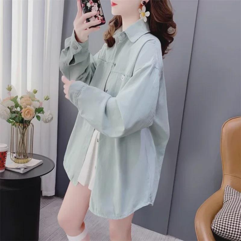 

Модная розовая джинсовая рубашка для женщин: Средней длины, свободного кроя, с длинным рукавом – идеально для весны и осени 3XL яблочный зеленый