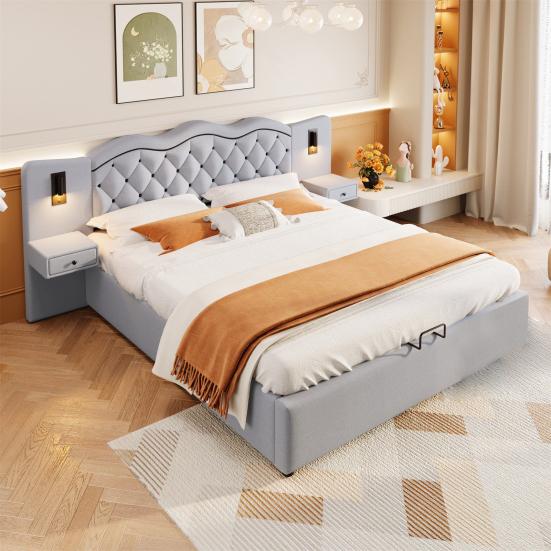 180x200cm Flat Bed, Upholstered Bed, Integrated Headboard, Hydraulic Lifting Mechanism, USB Connection, Two Bedside Lamps, Large Storage Space, Grey,