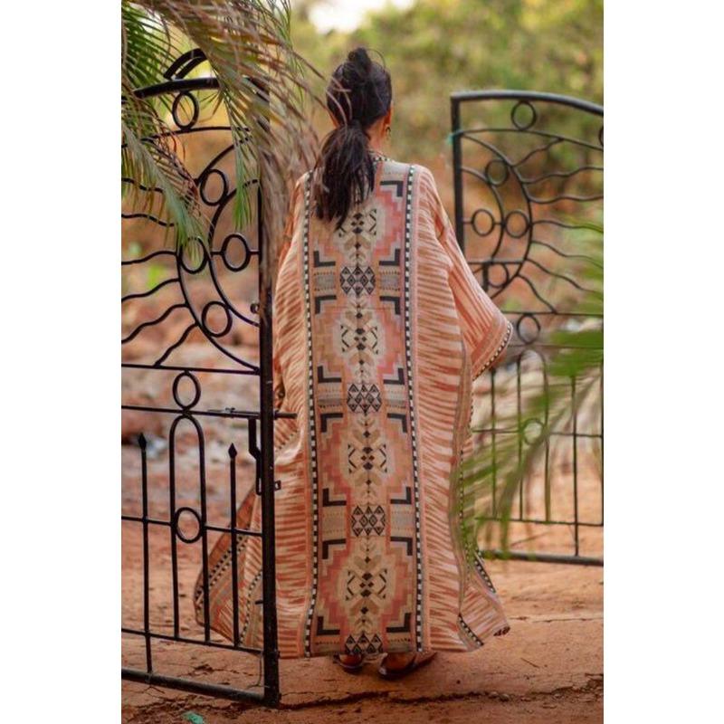 Cotton geometric print cardigan kimono beach sunscreen shirt bikini blouse with 1D135