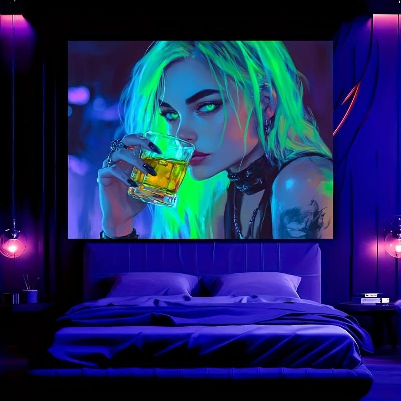 Glittering Green Haired Goddess Fluorescent Tapestry Shine BrightUV Tapestry Wall Hanging Bedroom Home Party Decoration
