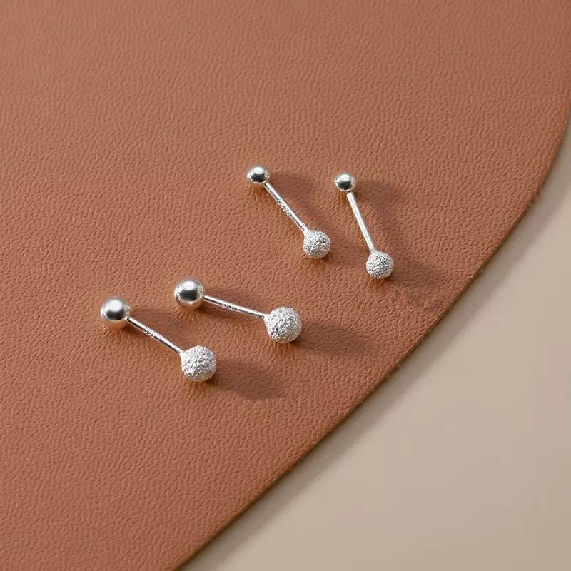 925 Sterling Silver Simple Matte Beads Threaded Beads Stud Earrings for Women Simple Party Jewelry Accessories 3MM серебряный