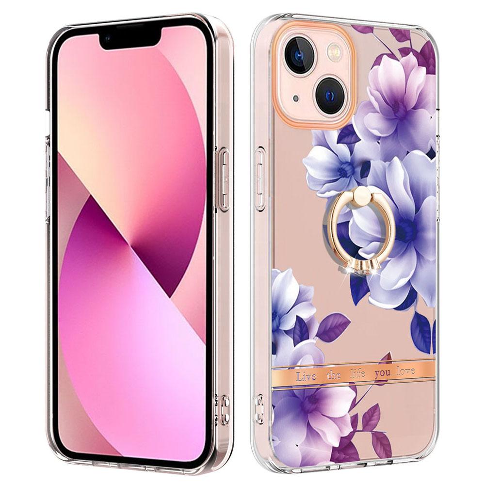 

For iPhone 15 Back Cover with Ring Kickstand Flower Pattern Electroplating TPU Case HC004 Purple Begonia