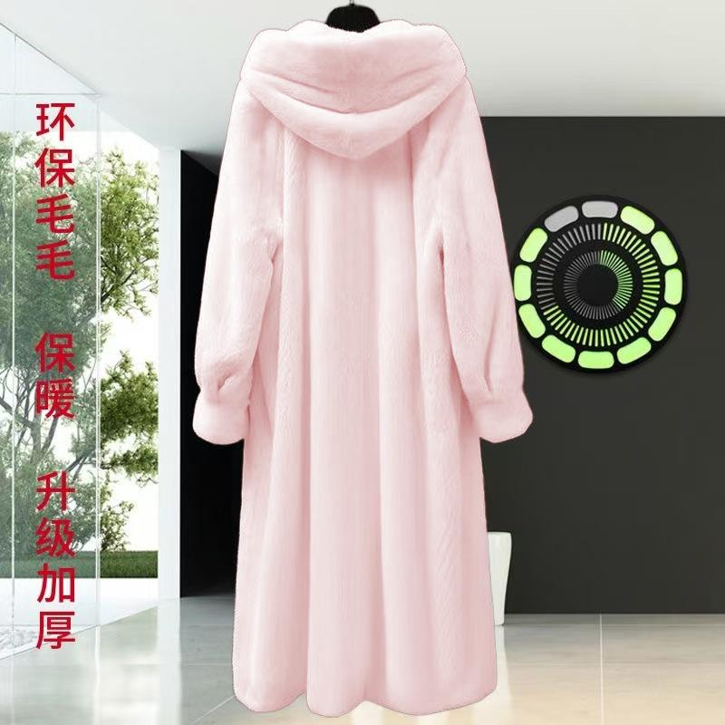Imitation mink velvet coat autumn and winter women's long over-the-knee loose large-size hooded jacket