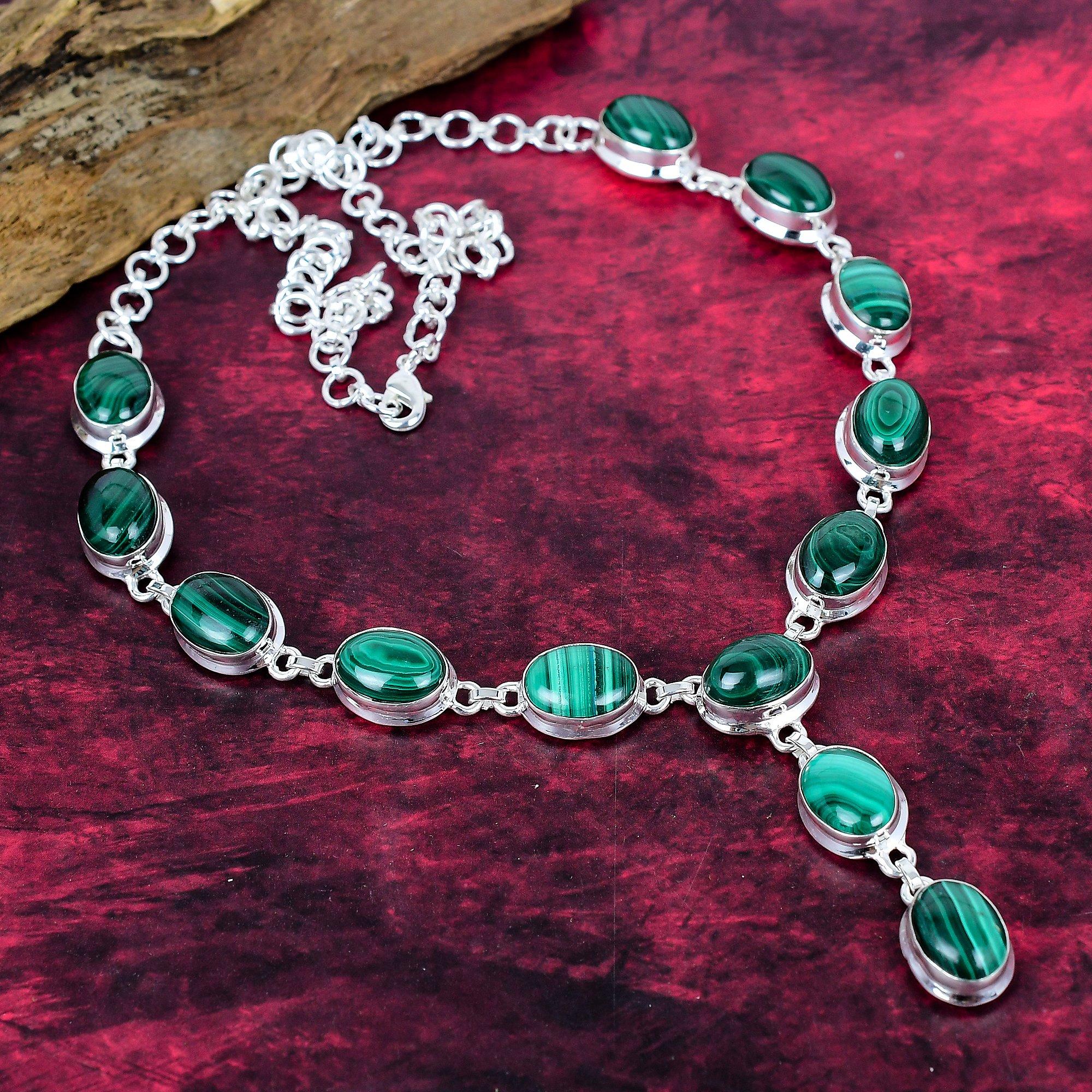 

Ожерелье из малахита, регулируемая цепочка из стерлингового серебра 925 пробы. Подарок для женщин ожерелье ручной работы ювелирные изделия из драгоценных камней зелёный