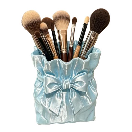 Dressing Table Brush Holder Satin Bow Bag Makeup Holder, 3D Printed Beauty Tool Organizer Cosmetic for Desk, Large Bowknot Pouch Pencil Storage