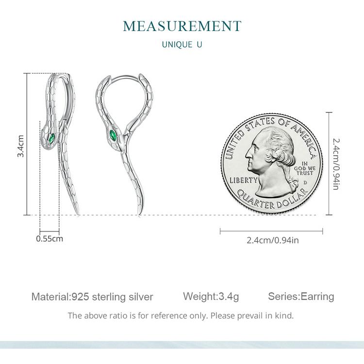 BISAER 925 Sterling Silver Snake Hoop Earrings Green Zircon Animal Earrings Plated Platinum For Women Party Fine Jewelry