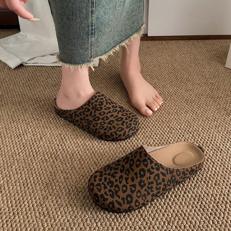 New Classic Women's Leopard Closed Toe Cork Flats Slippers Ladies Leopard Cork Slippers Camo Mule Clogs Shoes  Zapatos De Mujer