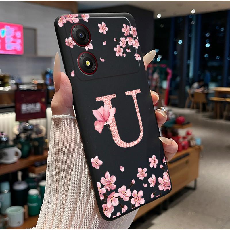 Black Case For ZTE Blade A34 4G Funda Beautiful Flower Printing Initial Letters Phone Casing Soft Silicone Protective Back Cover