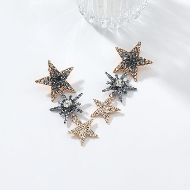 Layered Tassel Star Earrings With Rhinestone Accents Alloy Stud Drop Women Gold