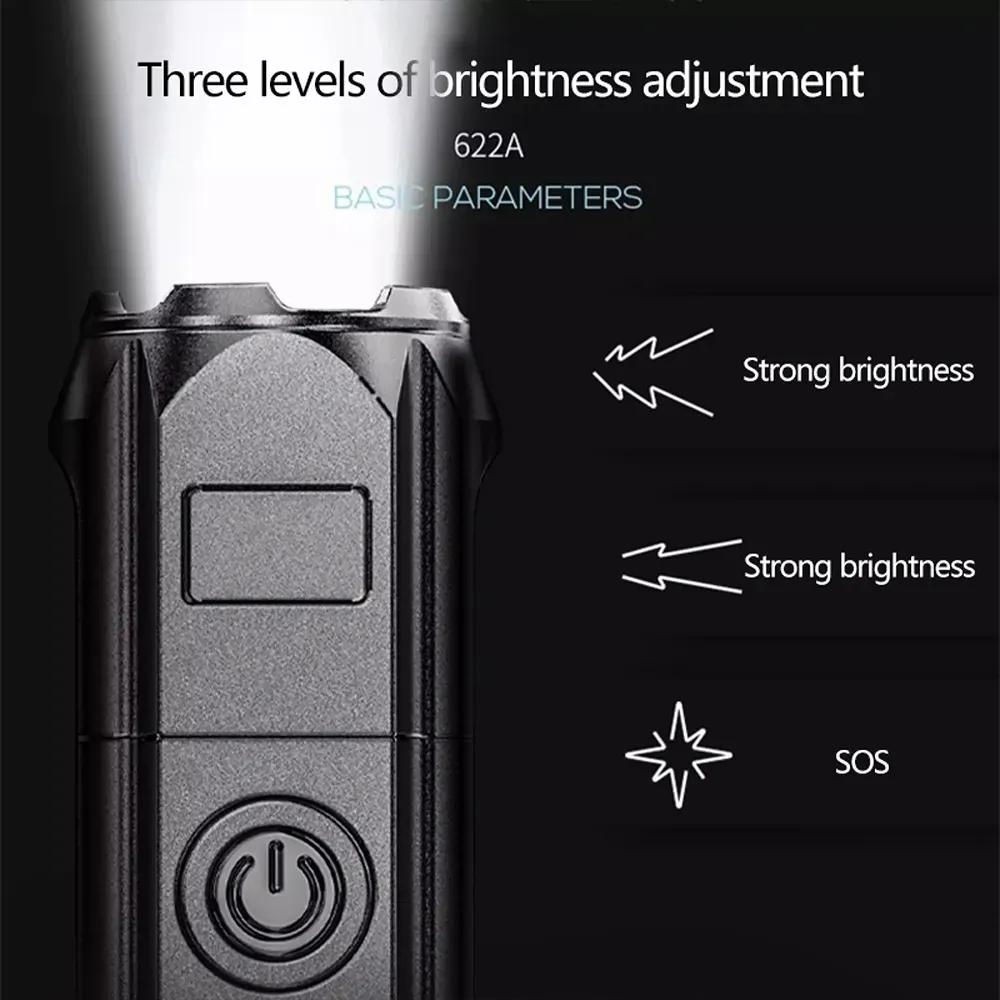 Tragbare LED-Taschenlampe ABS Starke Lichtfokussierung Taschenlampe USB-wiederaufladbar Outdoor Haus Starke Lichtstrahler Wasserdicht