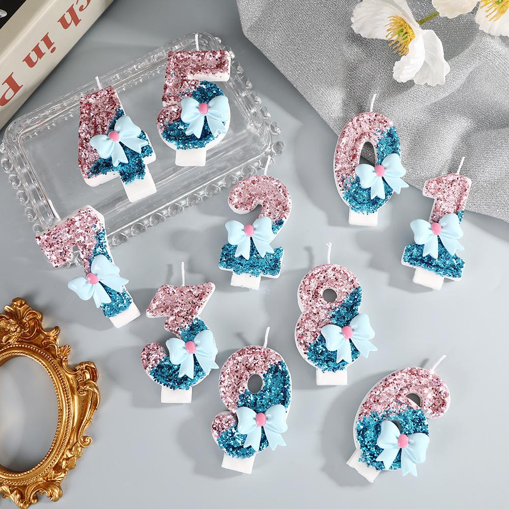 0-9 Birthday Digital Candles, 3D Design of Birthday Candles, Cake, Birthday Party (Blue Bow)