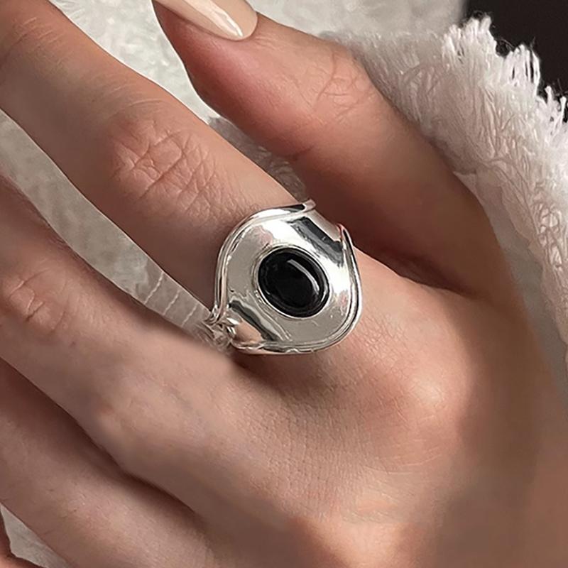 foxanry Black Agate Cuff Rings For Women Couples Vintage Personality Hip Hop Birthday Party Jewelry Accessories Gifts