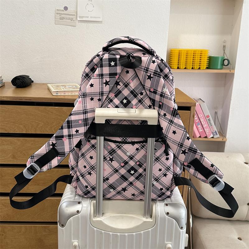 Large Capacity Plaid Backpack Women's Star Printed Student School Bag with Coin Purse