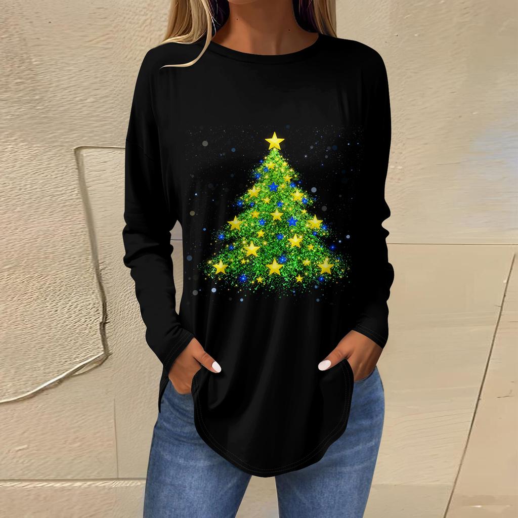 Dames Losse Comfortabele Casual Mode V-Hals Kerstprint Lange Mouw Hoodie