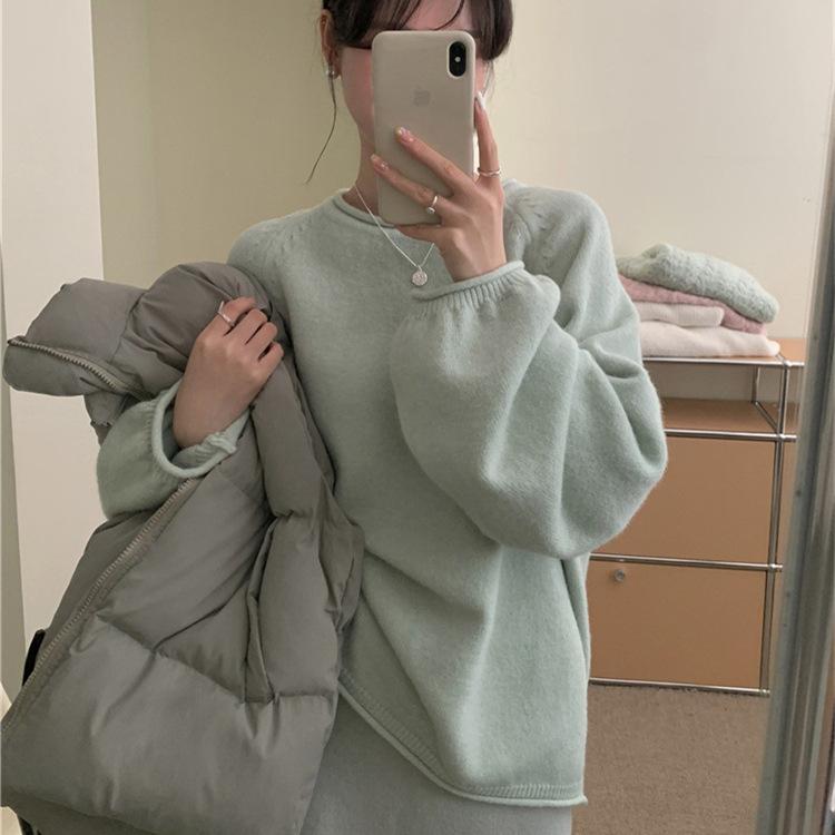 Women's Autumn and Winter Rolled Trim Gentle Pullover Knitted Sweater