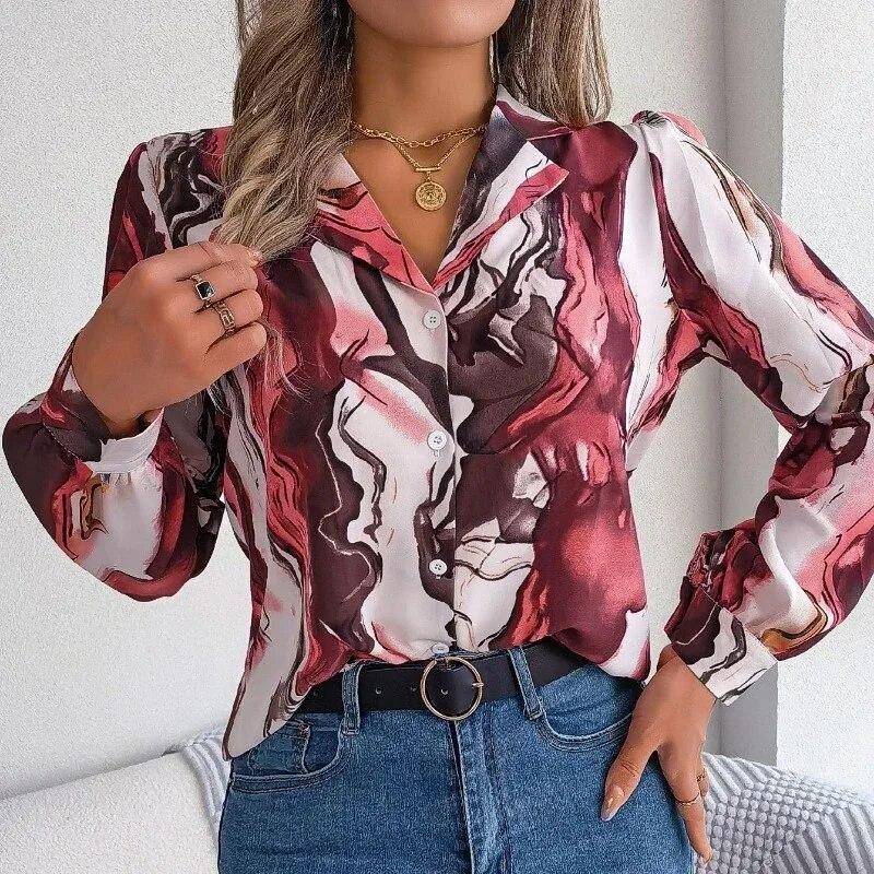 Office Lady Casual Fashion Contrast Color Print Blouse Women Long Sleeve Tops Autumn Winter Elegant Notched Shirt Clothes 28621