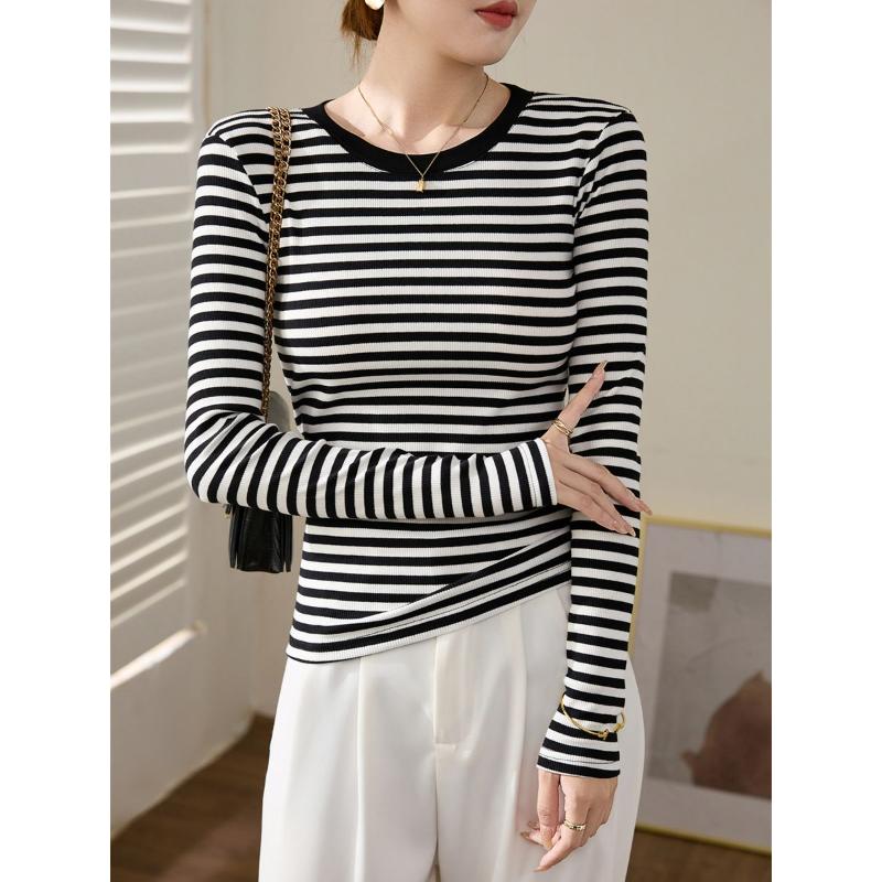 Pure Cotton Black White Striped T-shirt Women's Autumn Autumn Autumn Slim Tops Long-sleeved Bottoming Shirt