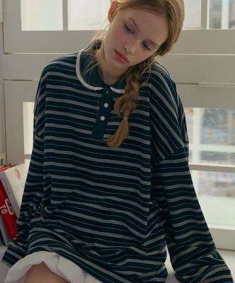 ODER Lace Collar Striped T-Shirt - Navy