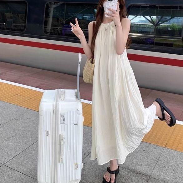 Pure Color Sleeveless Off-Shoulder Halter Maxi Dress - Summer Fairy Casual Bell-Shaped Style