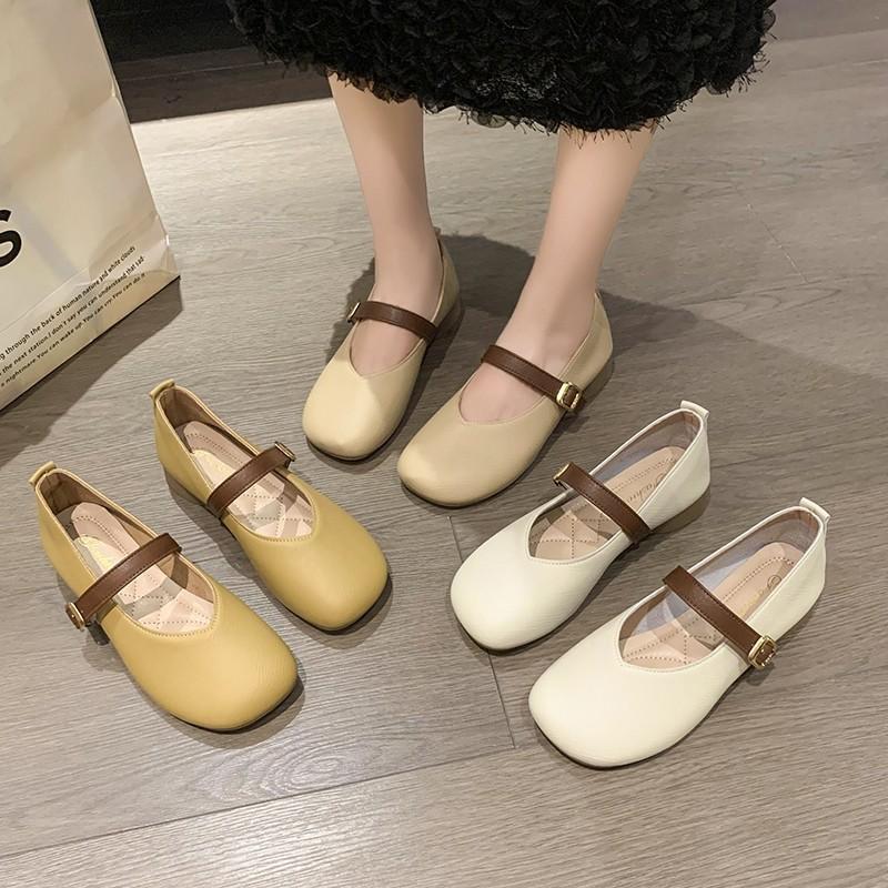 Retro small leather shoes spring new ladyshoes one word with soft leather low heel Mary Jane single shoes women