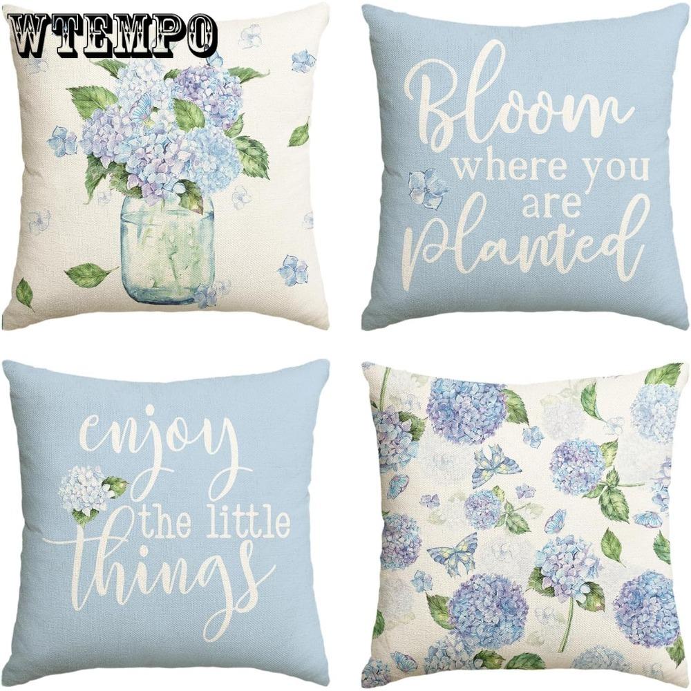 4pcs Spring Bloom Where You Are Planted Hydrangea Vase Throw Pillow Covers Enjoy The Little Things Blue Summer Cushion Case Decoration